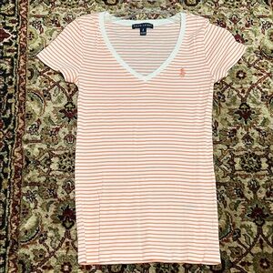 Ralph Lauren Coral and White Striped V-Neck Baby Tee Size Petite Small